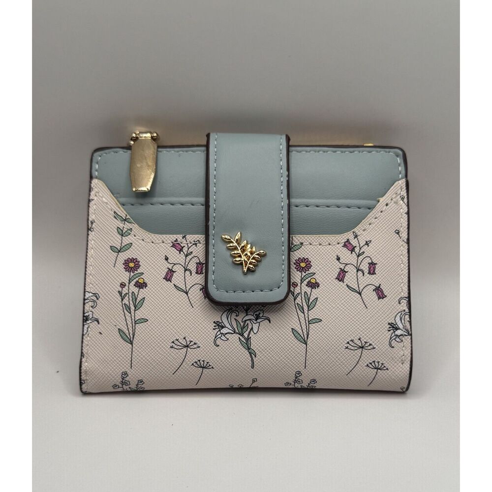 Floral Small Bifold Wallet Light Blue Botanical Leaf Snap Zipper Coin Purse NEW
